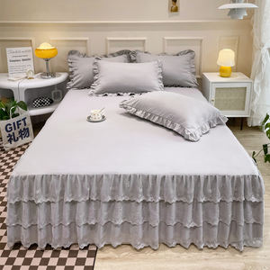 100% poliéster decoración estética H falda <span class=keywords><strong>de</strong></span> cama <span class=keywords><strong>de</strong></span> encaje familiar elástico cuatro estaciones colcha azul - Product Image 5