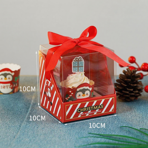 Boîte cadeau individuelle pour cupcake de Noël, fenêtre transparente, design rayé, carton recyclé, impression quadricolore, motif <span class=keywords><strong>pingouin</strong></span>, attache ruban - Product Image 2