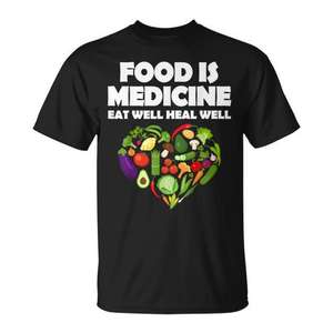 Camiseta Food Is Medicine Eat Well Heal Well Veggie Heart Design Negra Unisex - Product Image 1
