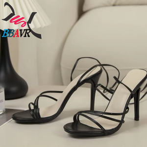 2025 Summer Collection Plus <b>Size</b> Women's Outdoor High <b>Heels</b> Square Toe Sexy Slip-On Cross Strap Stiletto <b>Heel</b> Sandals - Product Image 3