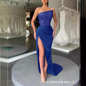 Green <b>Sequined</b> One-Shoulder Asymmetric Evening Gown With High Slit For Dating Elegant Formal Dress - Product Image 4