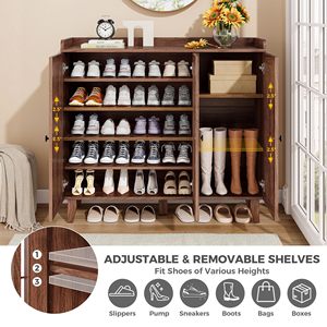 Mueble Zapatero Moderno <span class=keywords><strong>de</strong></span> Madera para Sala <span class=keywords><strong>de</strong></span> <span class=keywords><strong>Estar</strong></span>, Pasillo y Hotel, Zapatero Multicapa con Puerta <span class=keywords><strong>de</strong></span> Listones, Color Nogal - Product Image 5
