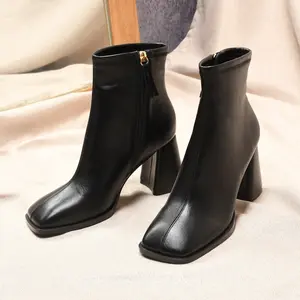 Großhandel schwarz stiefel karree-GOXEOU Women der Ankle Boots PU Black Matte Square Toe 8 cm Thick Heel Fashion Office dame Shoes Size 34-37