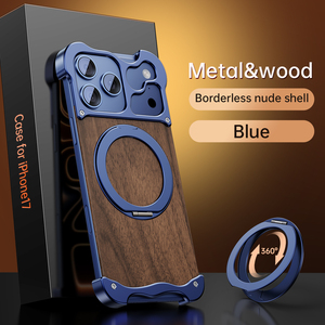 <span class=keywords><strong>Funda</strong></span> Metálica Premium de Madera y Aleación de Aluminio Hueca, sin Marco, Resistente a Golpes <span class=keywords><strong>para</strong></span> <span class=keywords><strong>iPhone</strong></span> 15 16 17 Pro Max con Soporte Magnético Giratorio - Product Image 5