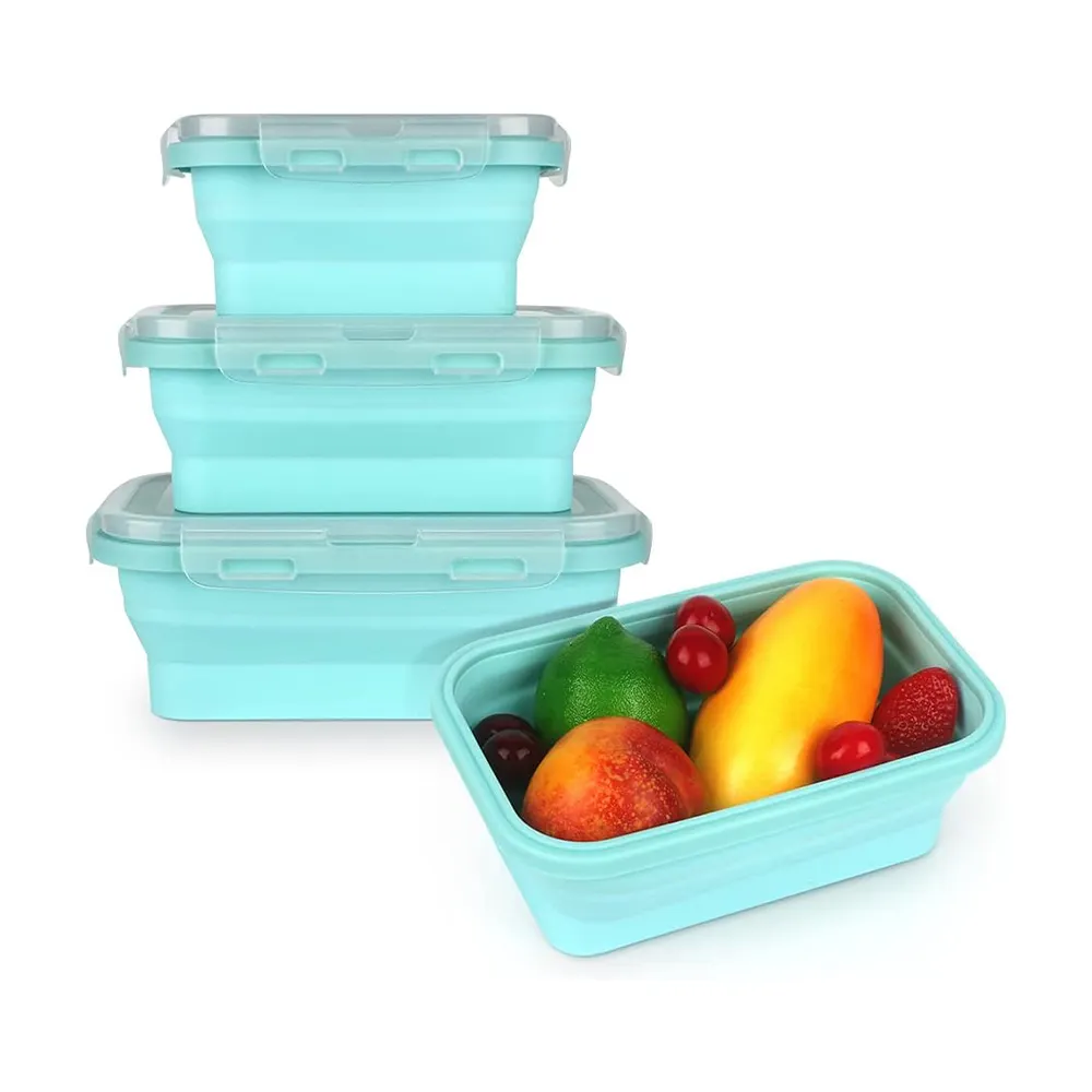 Paquete de 3 fiambreras Bento de silicona plegables sin BPA, contenedor de almacenamiento de alimentos portátil para niños recién nacidos y adultos