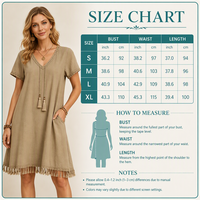 Robe Décontractée Femme Col V en Coton 200 GSM, Manches Courtes Unies, Coupe Évasée, Ourlet à Franges, Fluide et Doux, Personnalisable avec Logo OEM ODM, Tailles XS-5XL, Vente en Gros