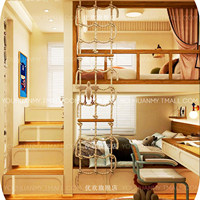 Lit superposé intégré au design moderne crème et blanc pour chambre d'enfant, avec bureau et bibliothèque pour garçons, équipé d'un loft d'accès par escalade