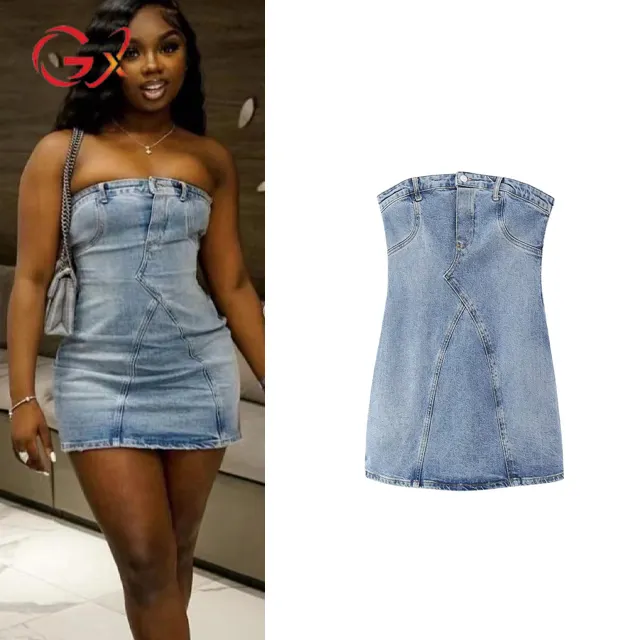 GX9213 butik yaz seksi bodycon kot yarık elbiseler ZA giyim kadın sıkı rahat zarif denim tüp uzun elbise