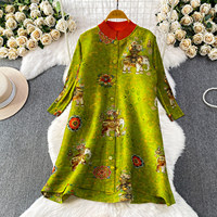 Robes Rétro Élégantes pour Femme – Robe Longue Plissée Imprimée Extensible à Manches Longues, Style Jeune et Tendance, Jupe Cardigan
