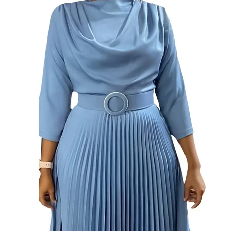 2023 Outono nova moda feminina transfronteiriça de comércio exterior África plus-size cor sólida plissada vestido de comércio exterior