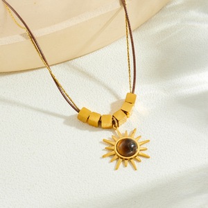 Maillard Retro Simulated Tiger Eye Gold Plated Sun Pendant Beaded Square Wax <b>Rope</b> <b>Chain</b> Necklace Daily Wear Fashion Jewelry - Product Image 2