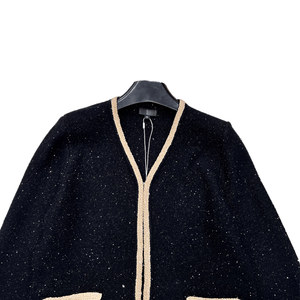 Contrast Trim Open Front Shimmer Knit Cardigan, Tailored Pocket Knit <b>Jacket</b> for Casual and Formal Wear - Product Image 4