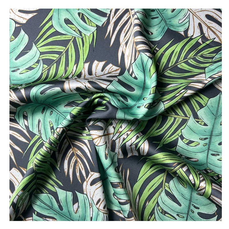 Tela de seda satinada con estampado de hojas de tortuga, diseño Tropical Hawaiano, para vestido de mujer