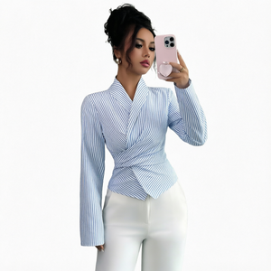 Chemisier Cache-Cœur Rayé Bleu et Blanc pour Femme, Manches Longues, Col Chemise, Élégant pour le Bureau, Coupe Classique, Tissu Popeline, Manches Entières - Product Image 1