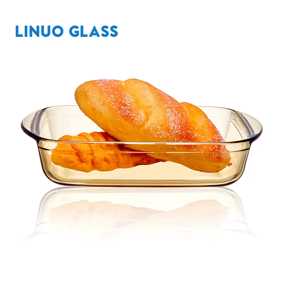 Linuo OEM ODM bandeja de vidro âmbar antiaderente para cozinha com alto teor de borosilicato pratos assados conjuntos de assadeiras