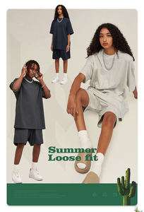 Conjunto de Camiseta y Pantalones Cortos de Verano 2023 Personalizados, de Poliéster/Algodón Grueso, Estampado Digital, Casual, Transpirable, de Punto, para Hombre y Mujer - Product Image 5