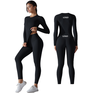 Conjuntos Deportivos de 2 Piezas, Transpirables, Sin Costuras, Top Corto de Manga Larga con Cuello Redondo y Leggings de Cintura Alta con Efecto Scrunch, para Gimnasio y Yoga - Product Image 1