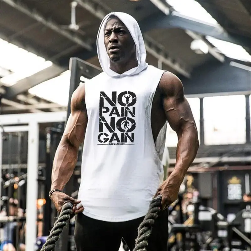 2022 New Custom LOGO Workout Hooded Tank Tops Bodybuilding Muscle Men's Sleeveless Gym Hoodie Cut Off T Shirt