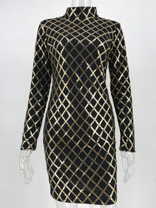 Automne Femmes Vêtements À Manches Longues Col Roulé Noir Or Plaid Paillettes Perlées Mini Robe De Soirée - Product Image 6