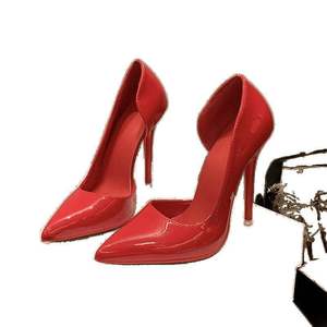 Zapatos de Tacón Alto de Mujer, Estilo Coreano, Color Rojo Sexy, Punta Puntiaguda, Diseño Hueco Lateral, Boca Poco Profunda, Cuero Patentado, Estilo Slip-On, para Primavera y Otoño - Product Image 5