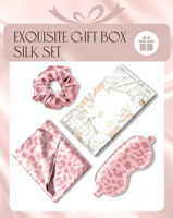 Masque pour les yeux, bandeau et taie d'oreiller en satin de soie écologique de luxe à imprimé léopard rose, coffret cadeau trois-en-un pour toutes les saisons
