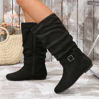 Sepatu Boots Wanita Musim Dingin Semi, Model Ruched Mid-Top, Resleting Samping, Gesper, Bahan Suede Kulit Sapi, Mesh, Gaya Eropa-Amerika, Kasual, Flat
