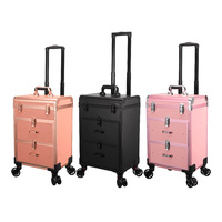Valise de maquillage professionnelle à roulettes avec 2 tiroirs pour le rangement des cosmétiques, chariot de voyage avec séparateurs réglables