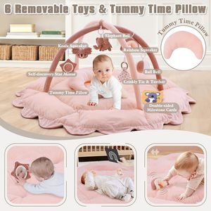 Alfombra de actividades suave para bebés con <span class=keywords><strong>6</strong></span> juguetes sensoriales, <span class=keywords><strong>gimnasio</strong></span> de juegos convertible con almohada, alfombra de juego gruesa de felpa para bebés - Product Image 3