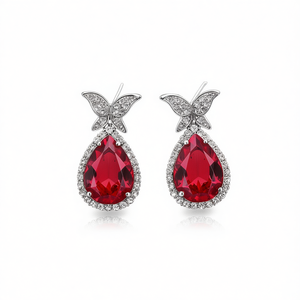 Eleganti Orecchini Pendenti a Farfalla con Rubino Rosso, Montatura in Argento 925, Gioielli Romantici in Cristallo per Matrimonio, Modello E3041 - Product Image 1