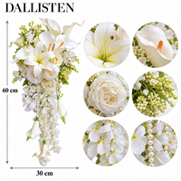 Bouquet de mariée en cascade Dallisten en soie artificielle blanche, avec lys, calla, rose et brins de perles pour fleurs de mariage