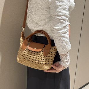 Borsa a mano da donna in maglia all'uncinetto stile retrò francese, borsa tote di lusso in pelle patchwork, borsa a tracolla estiva traforata da spiaggia con manico superiore - Product Image 3