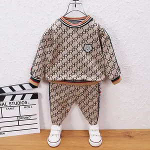 Children's clothing new boys round neck color blocking all over printed pullover long sleeves trendy two piece clothing sets