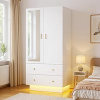 Armoire avec miroir et éclairage LED, tiroirs et tringle de suspension, conception anti-basculement, meuble de rangement en bois