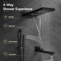 Robinet de douche thermostatique noir mat encastré mural en laiton 4 voies avec fonction cascade et pluie, vente en gros OEM pour supermarchés