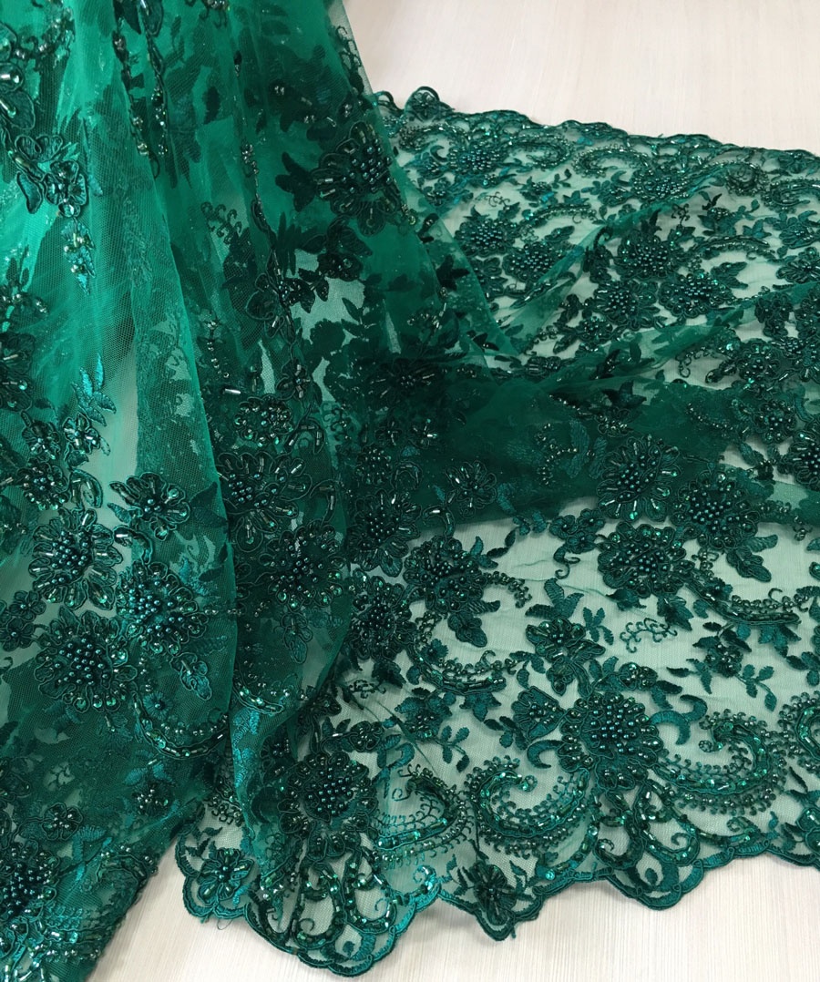 Высококачественная зеленая кружевная ткань, тяжелая вышитая бисером ткань из тюля ручной работы с блестками для вечернего платья