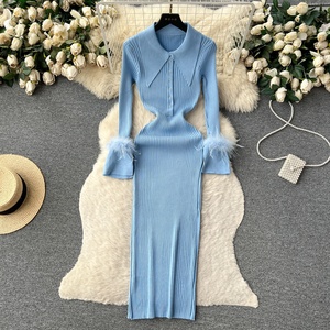 Của Phụ nữ mùa thu mùa đông ve áo lông vỏ bọc thiết kế Haute Couture Knit Dress - Product Image 5