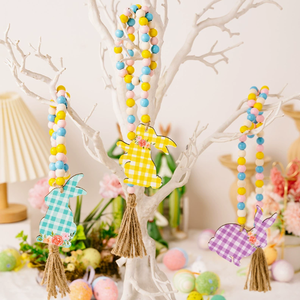 DAMAI Wholesale <b>Easter</b> Decor Wooden <b>Ornaments</b> Plaid Printed Rabbit Hanging With Colorful Beads for Home Party Mall Supplies - Product Image 1