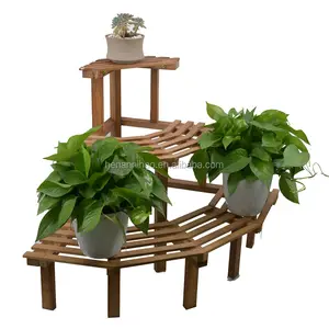 OEM 3 tier fan-shaped solid wooden flower plant pot stand storage rack shelf holder