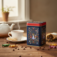 Caja Metálica Cuadrada Kontensan de 0.5L, 75x75x102mm, Tapa Deslizante, Reciclable, Diseño Alicia en el País de las Maravillas, para Empacar Galletas, Dulces, Café, Té