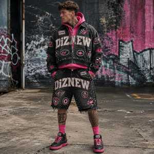 Conjunto de Pantalones Cortos de Mezclilla con Parches Estilo Y2K de DiZNEW con Logotipo Personalizado, Chaqueta Varsity con Capucha y Tachuelas <span class=keywords><strong>para</strong></span> <span class=keywords><strong>Hombre</strong></span>, Conjunto Deportivo de 2 Piezas - Product Image 3