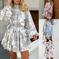 Robe Courte Femme Rétro à Imprimé Floral, Manches Lanterne, Col Montant, Taille Haute, Coupe Trapèze – Prête à l'emploi pour les Vacances et Tenues Décontractées