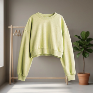เสื้อสเวตเชิ้ตคอกลมสีเขียวอ่อน แขนยาว ผ้าถัก คอตตอน ทรงสั้น สำหรับฤดูหนาวและฤดูใบไม้ร่วง สีพื้น ระบายอากาศได้ดี สำหรับผู้หญิง ทรงครอป - Product Image 1