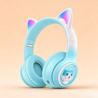 Headphone Nirkabel Anak Motif Telinga Kucing Lucu dengan Lampu LED RGB, Headset Nirkabel Over-Ear dengan Mikrofon, Headphone Stereo Lipat untuk Anak Perempuan