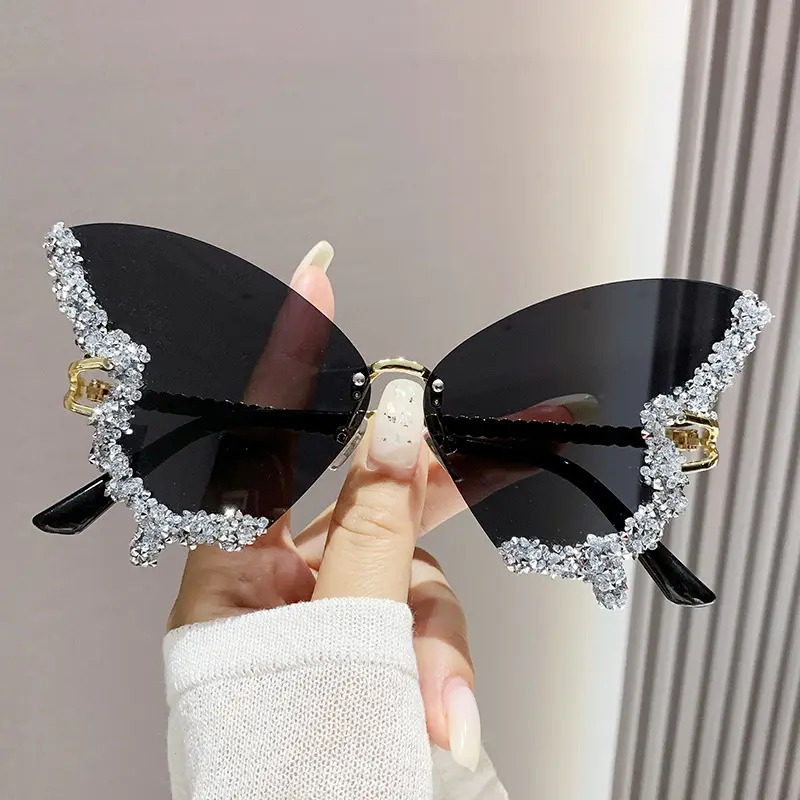 New bướm hình kim cương dát không khung kim cương bướm Kính mát bướm Rhinestone Kính mát phụ nữ Y2K Eyewear