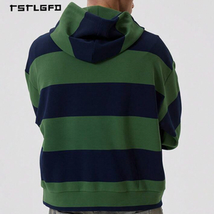 Sweat à capuche rétro à larges rayures avec poche kangourou et cordon de serrage en vert bleu marine, style streetwear, vente en gros - Product Image 4