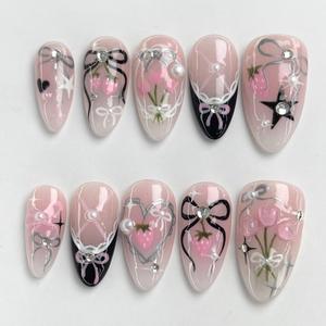 <span class=keywords><strong>Uñas</strong></span> Postizas Pintadas a Mano con Rosas Rosadas, <span class=keywords><strong>Uñas</strong></span> <span class=keywords><strong>Acrílicas</strong></span> de Ojo de Gato Personalizadas, <span class=keywords><strong>Uñas</strong></span> de Primavera Hechas a Mano, <span class=keywords><strong>Uñas</strong></span> Almendradas Brillantes, Precio al por Mayor - Product Image 1