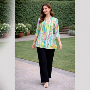 Ensemble Kurta en Rayonne Imprimée pour Femme, Motif Abstrait Multicolore, Pantalon Noir, Coupe Ample Décontractée, Style Indien et Pakistanais, Idéal pour l'Été - Product Image 1