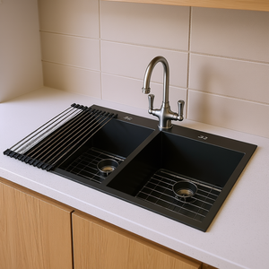 Fregadero doble empotrable para cocina, 33x22 pulgadas, acero inoxidable calibre 18, negro mate, estilo rústico, fácil de limpiar - Product Image 2