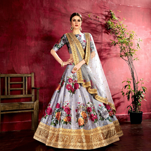 Floral Print <b>Art</b> Silk Lehenga Choli Dupatta Zari <b>Sequin</b> Embroidery Ethnic Wedding Evening Dress for Women - Product Image 1