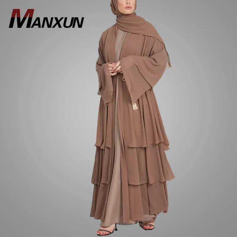 Simple Style Fashion Muslim Kaftan Dress Latest Burqa Design Open Abaya with Ruffle Islamic Clothing